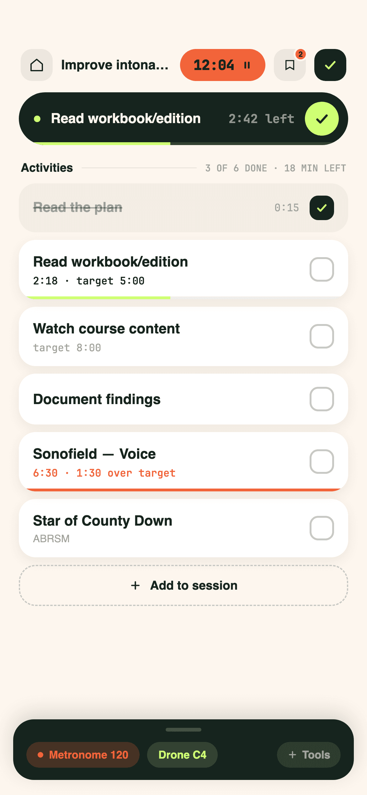 A running practice session with activities and session tools