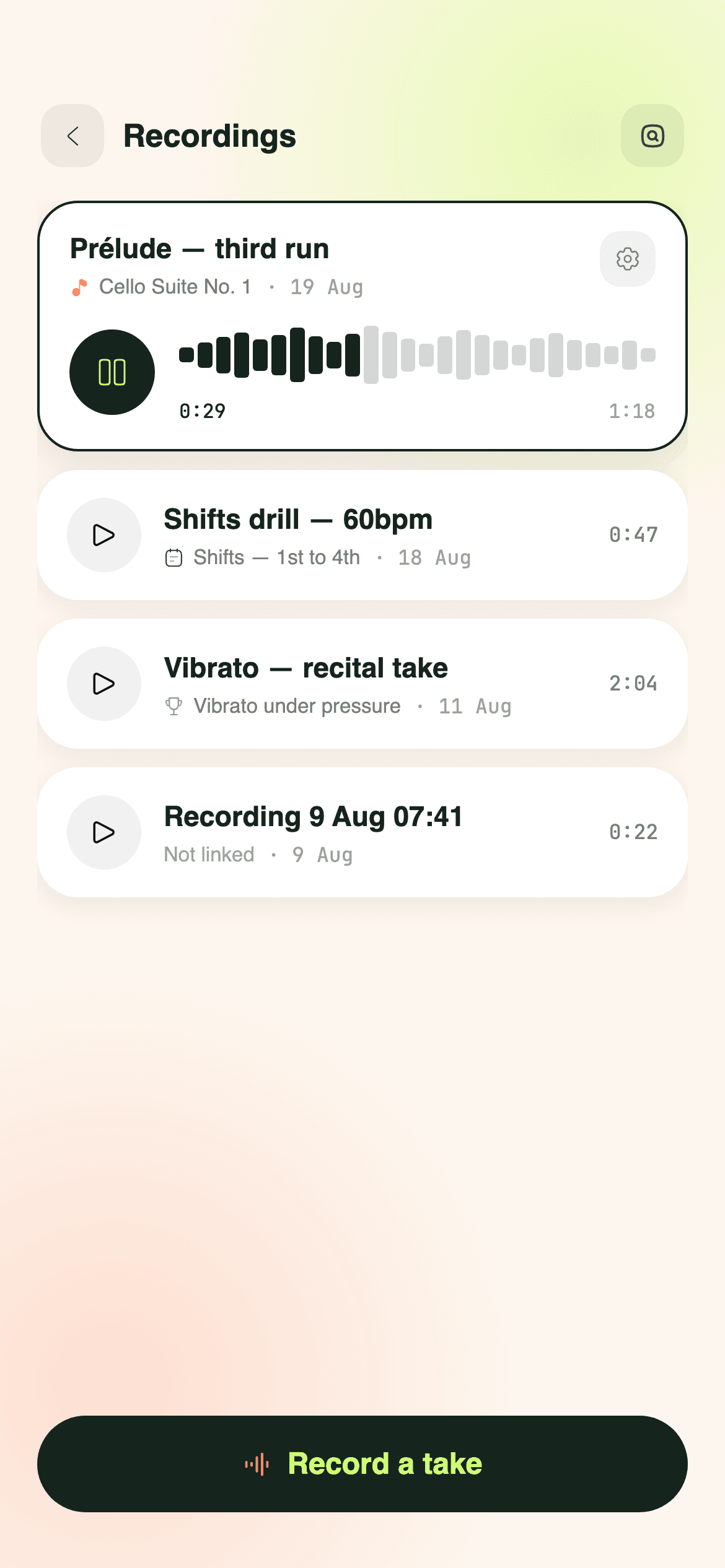 Recordings list with takes from past sessions